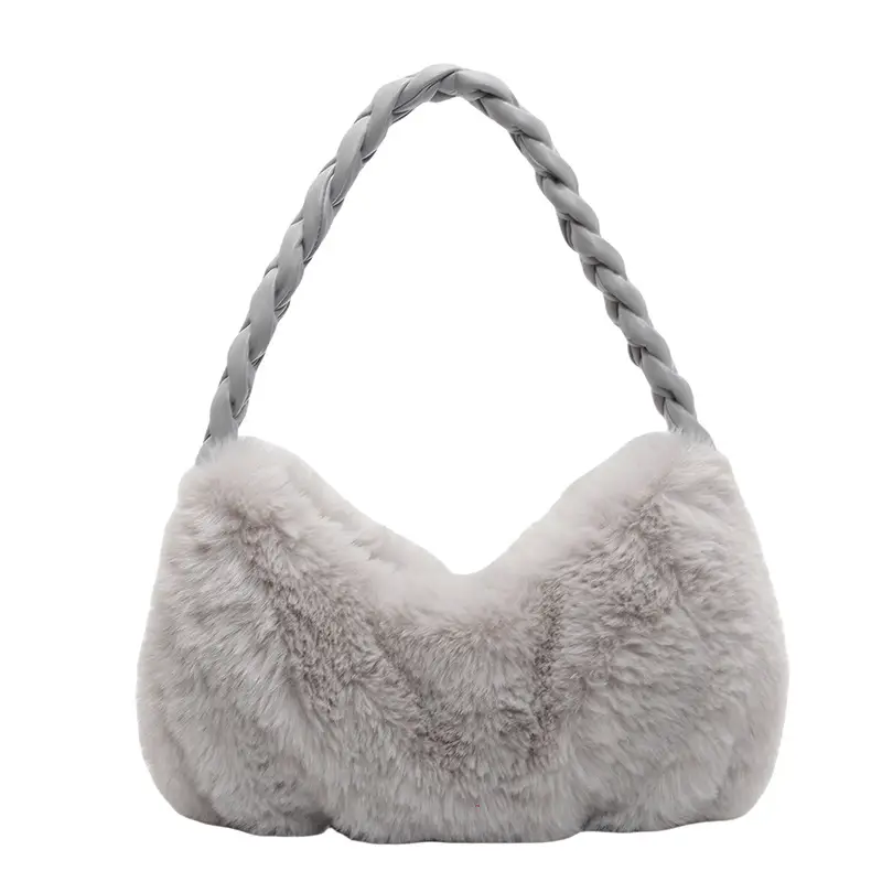 Plush Braided Shoulder Bag Brown Girl's Casual Handbag - Image 3