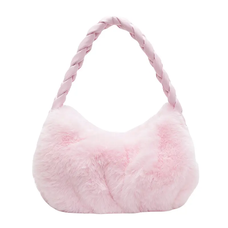 Plush Braided Shoulder Bag Brown Girl's Casual Handbag - Image 4