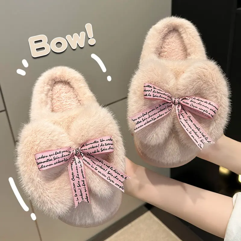 2026 New Style Women's Autumn and Winter Thick-Soled Home Slippers with Bowknot, Warm Soft-Soled Slippers for Winter