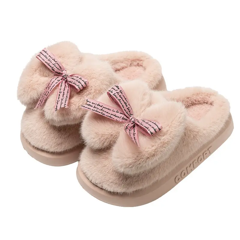 2026 New Style Women's Autumn and Winter Thick-Soled Home Slippers with Bowknot, Warm Soft-Soled Slippers for Winter