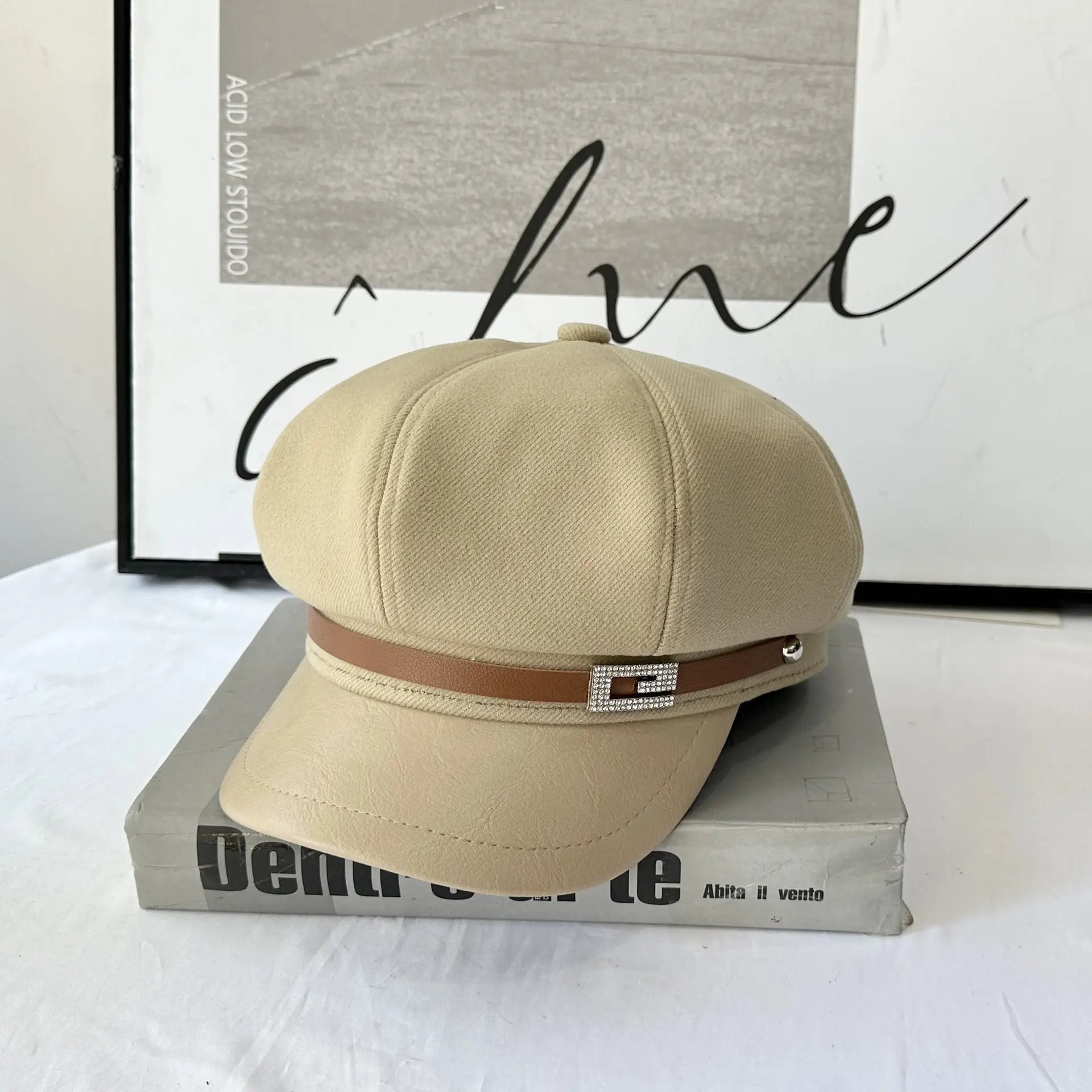 2025 Wool Cap British Retro Leather Bristle Beige - Image 2