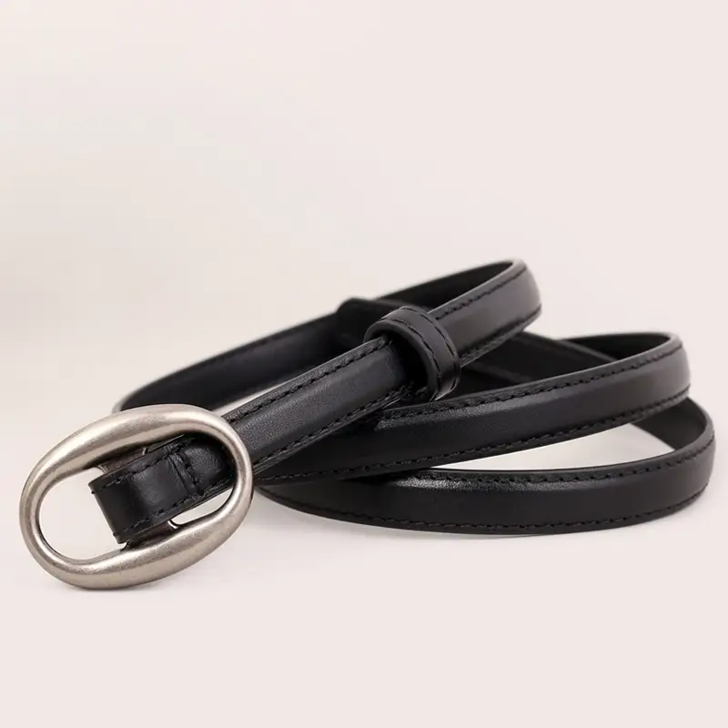 Black Genuine Leather Oval Buckle Belt for Women - Image 5