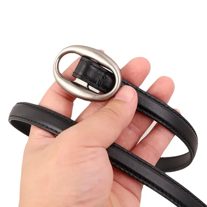 Black Genuine Leather Oval Buckle Belt for Women - Image 7