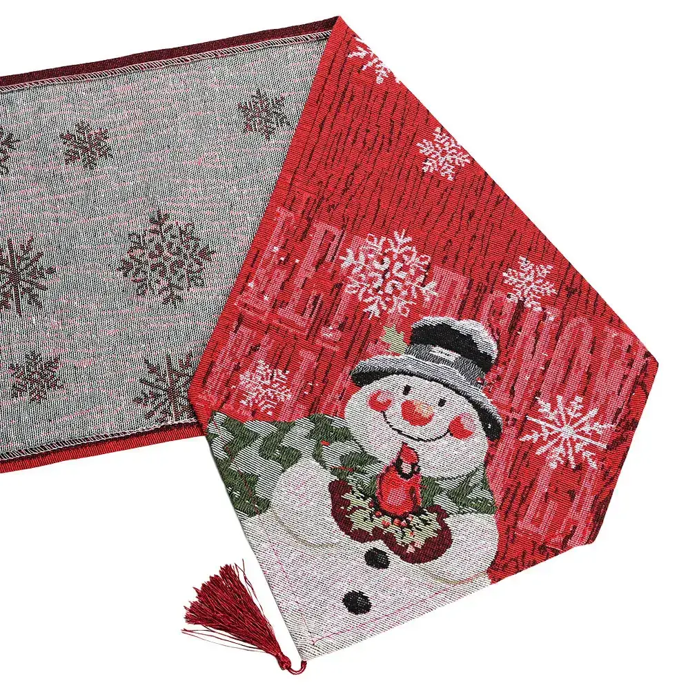 Christmas Table Runner Red Snowman Embroidered 33x178cm