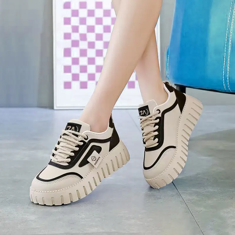 Women's Shoes Wholesale, Fashionable Color-Blocked Leather Thick-Soled Height-Increasing Casual Shoes, Korean Style Trendy Lightweight Breathable Sneakers for Women, Dropshipping - Image 3