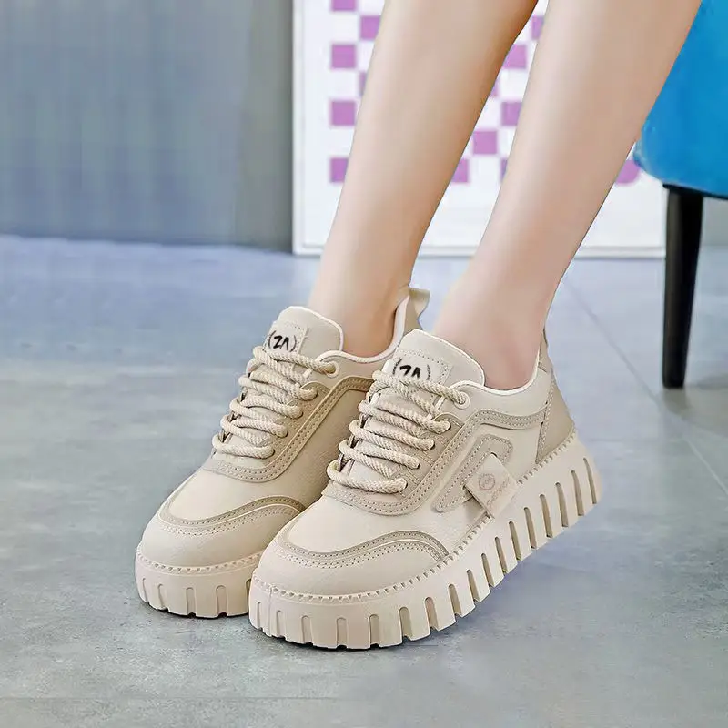 Women's Shoes Wholesale, Fashionable Color-Blocked Leather Thick-Soled Height-Increasing Casual Shoes, Korean Style Trendy Lightweight Breathable Sneakers for Women, Dropshipping - Image 2