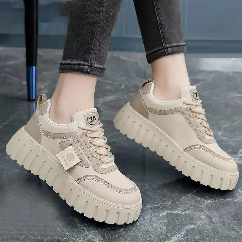 Women's Shoes Wholesale, Fashionable Color-Blocked Leather Thick-Soled Height-Increasing Casual Shoes, Korean Style Trendy Lightweight Breathable Sneakers for Women, Dropshipping - Image 4