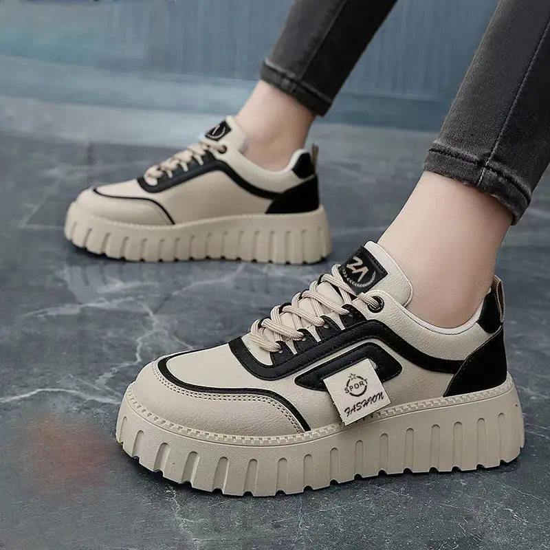 Women's Shoes Wholesale, Fashionable Color-Blocked Leather Thick-Soled Height-Increasing Casual Shoes, Korean Style Trendy Lightweight Breathable Sneakers for Women, Dropshipping - Image 5