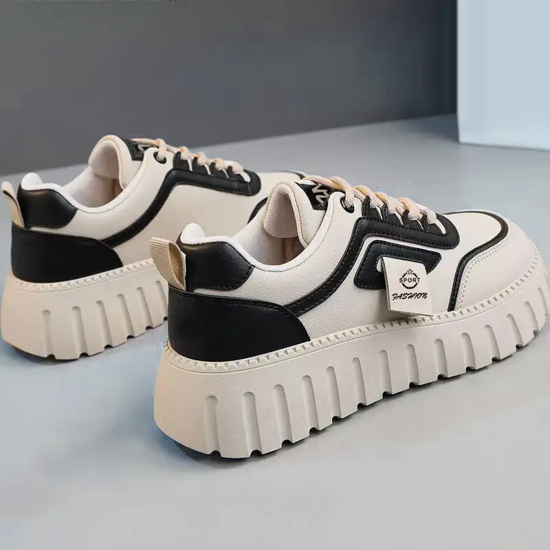 Women's Shoes Wholesale, Fashionable Color-Blocked Leather Thick-Soled Height-Increasing Casual Shoes, Korean Style Trendy Lightweight Breathable Sneakers for Women, Dropshipping — feature 24