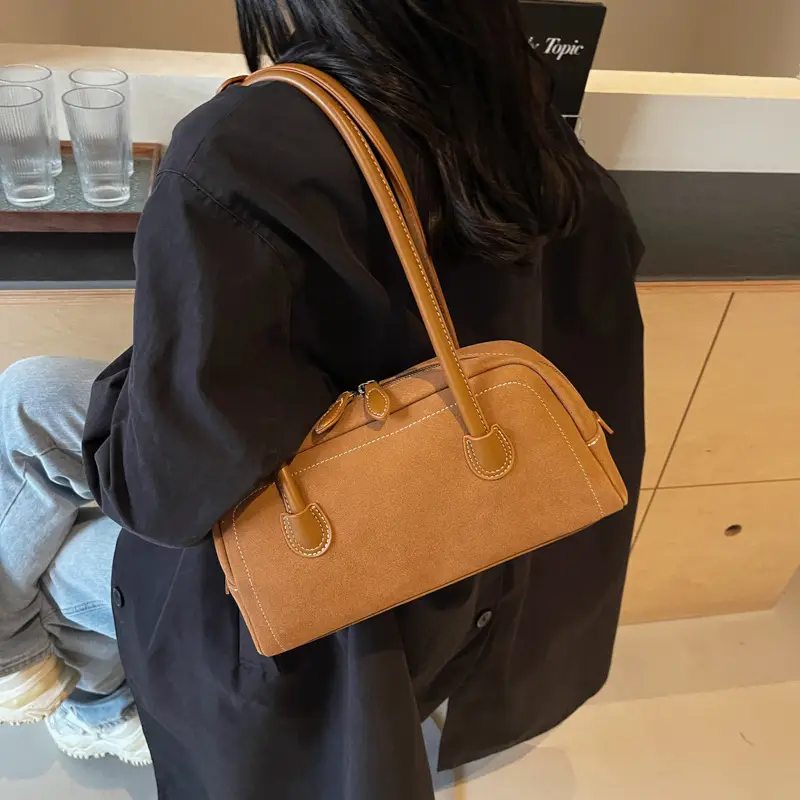 Women's Brown Suede Shoulder Bag with Long Handle - Image 7