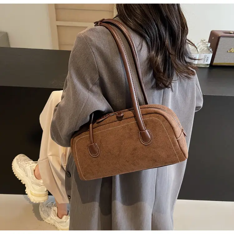 Women's Brown Suede Shoulder Bag with Long Handle — feature 26