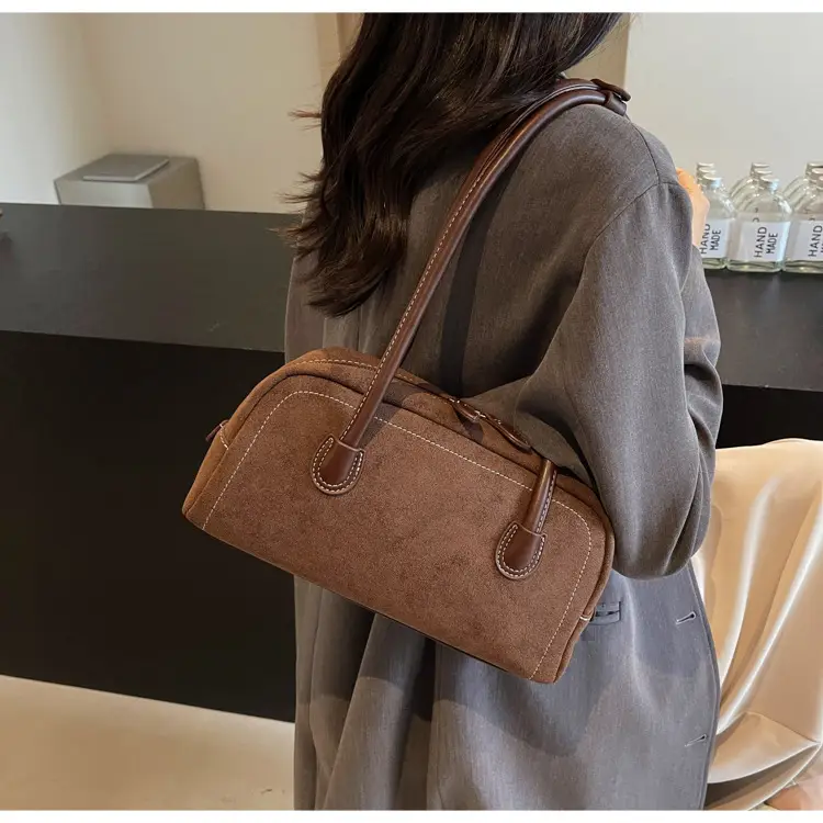 Women's Brown Suede Shoulder Bag with Long Handle — feature 27