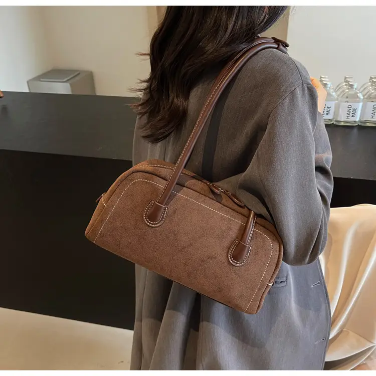 Women's Brown Suede Shoulder Bag with Long Handle — feature 28