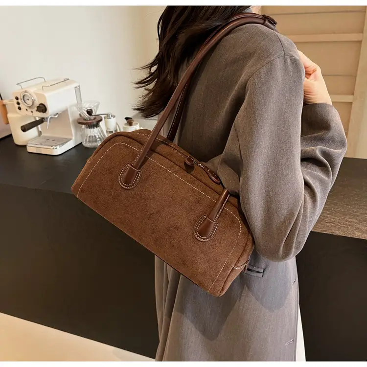 Women's Brown Suede Shoulder Bag with Long Handle — feature 29