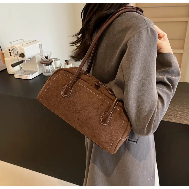 Women's Brown Suede Shoulder Bag with Long Handle — feature 30