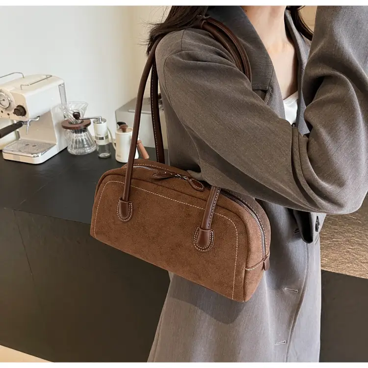 Women's Brown Suede Shoulder Bag with Long Handle — feature 31