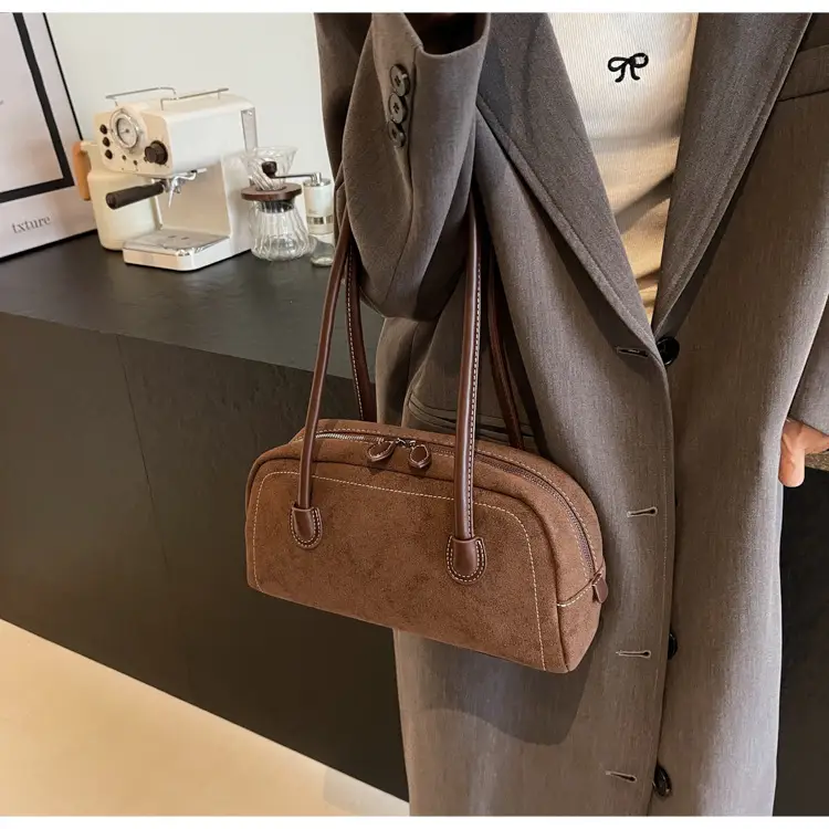 Women's Brown Suede Shoulder Bag with Long Handle — feature 32