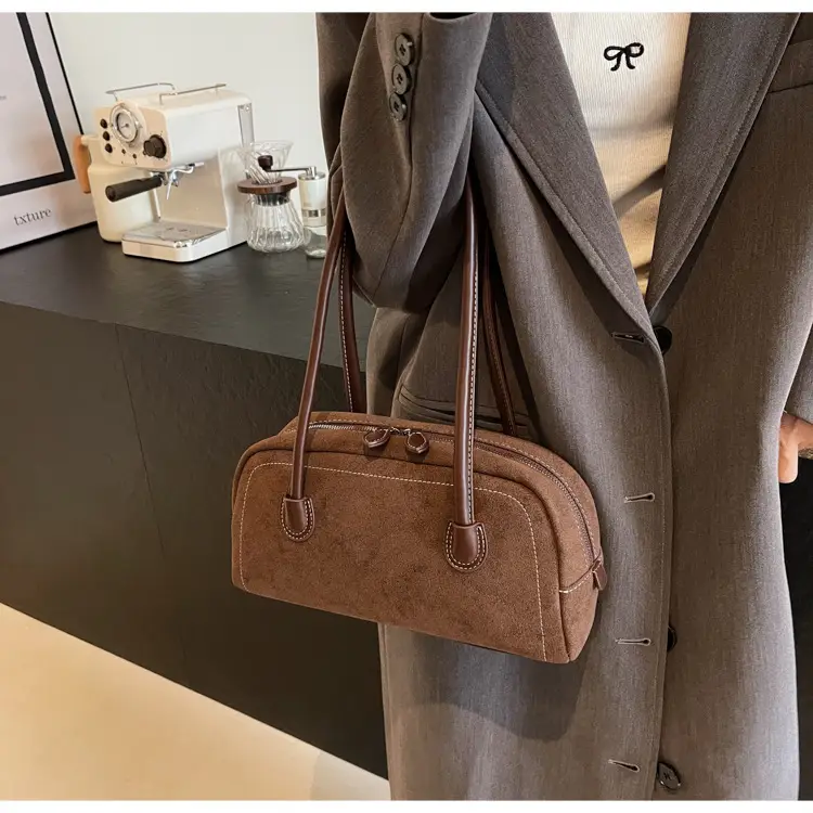 Women's Brown Suede Shoulder Bag with Long Handle — feature 33