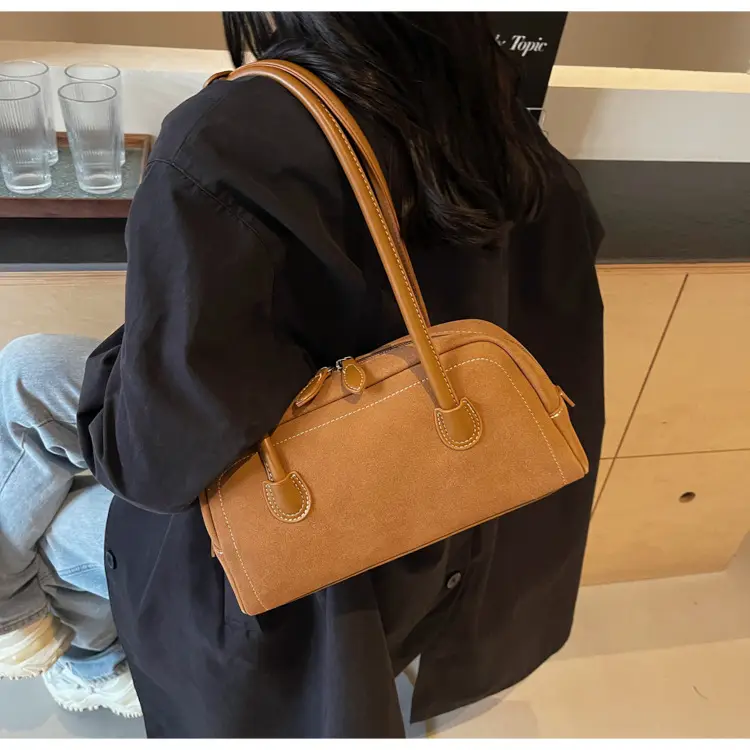 Women's Brown Suede Shoulder Bag with Long Handle — feature 34