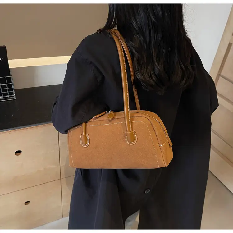 Women's Brown Suede Shoulder Bag with Long Handle — feature 35