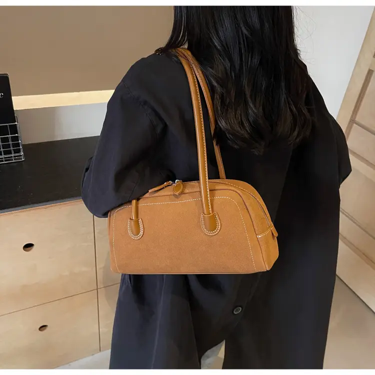 Women's Brown Suede Shoulder Bag with Long Handle — feature 36