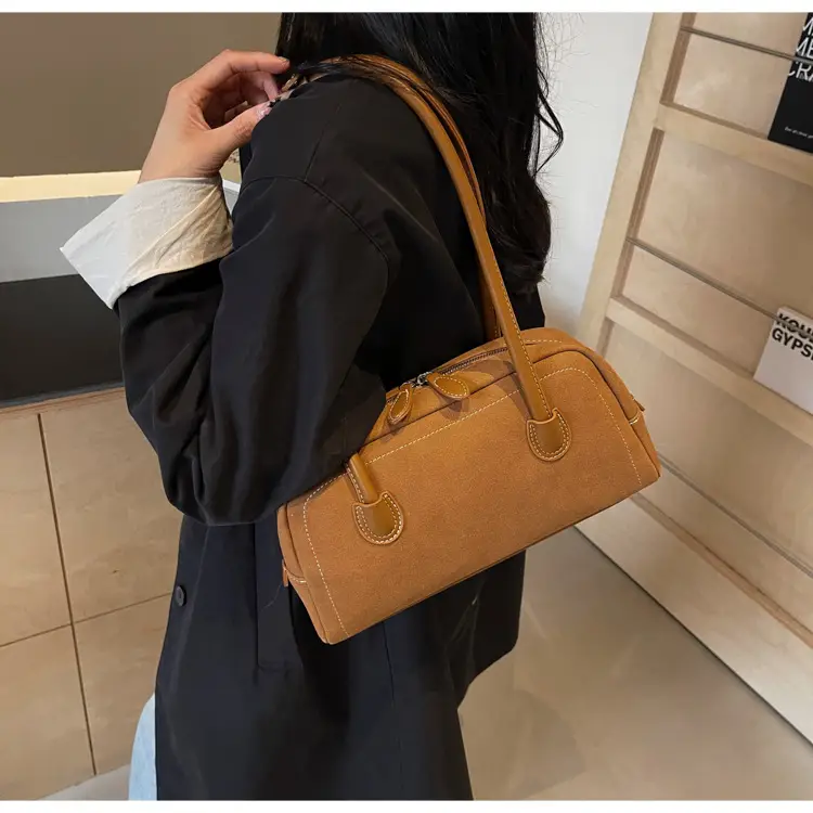Women's Brown Suede Shoulder Bag with Long Handle — feature 37