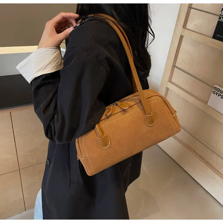 Women's Brown Suede Shoulder Bag with Long Handle — feature 38