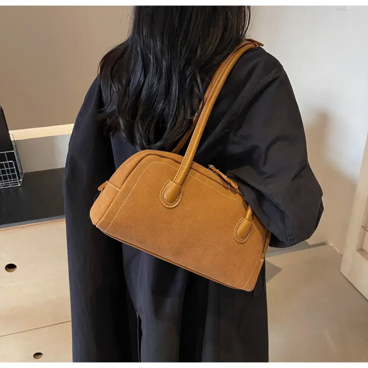 Women's Brown Suede Shoulder Bag with Long Handle — feature 39