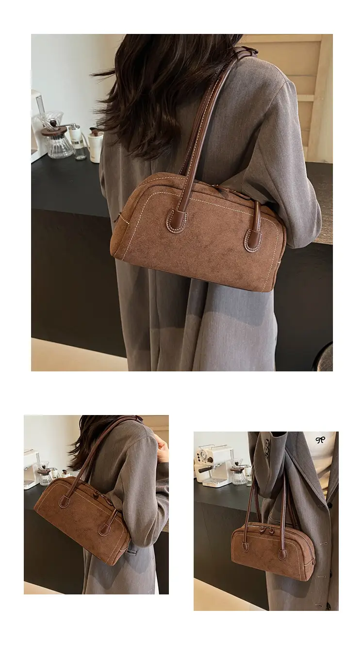 Women's Brown Suede Shoulder Bag with Long Handle — feature 49