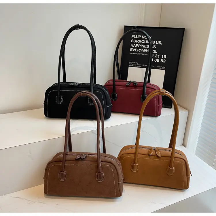 Women's Brown Suede Shoulder Bag with Long Handle — feature 50