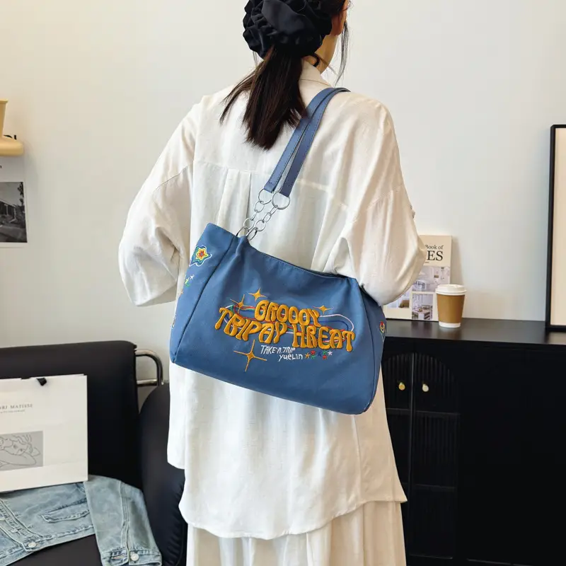 Women Canvas Bag Autumn 2024 Textured Blue Single Shoulder - Image 7