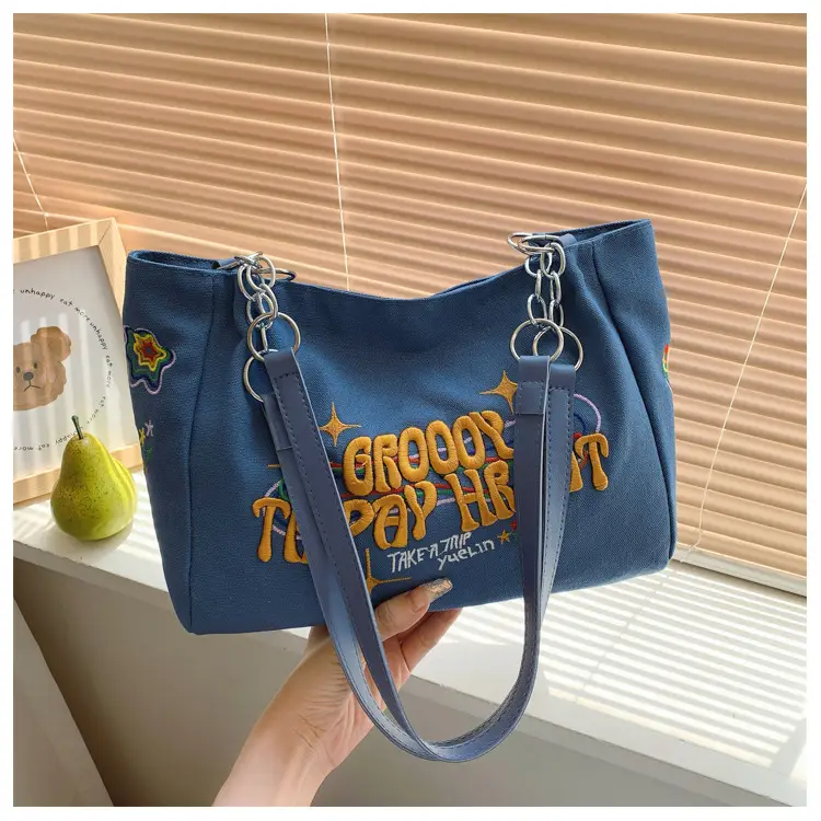 Women Canvas Bag Autumn 2024 Textured Blue Single Shoulder - Image 2
