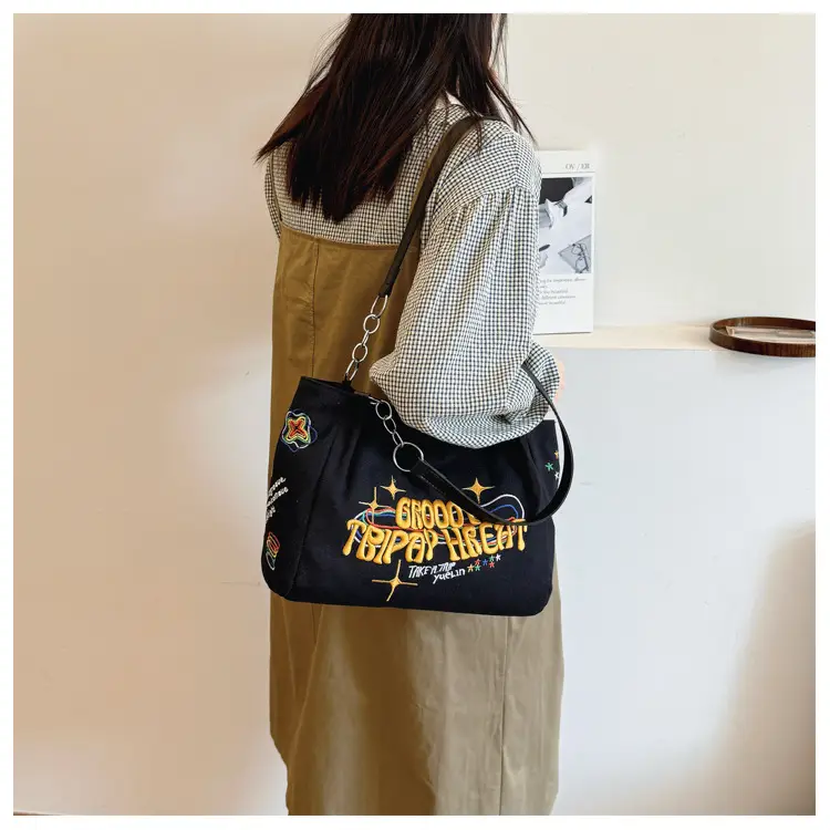 Black Graphic Canvas Shoulder Bag for Women 2024 - Image 6