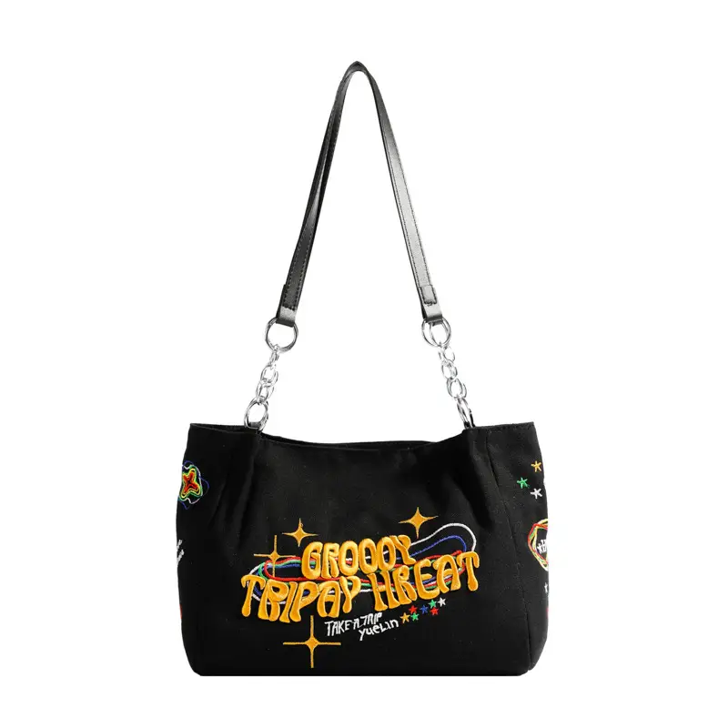 Black Graphic Canvas Shoulder Bag for Women 2024 - Image 8