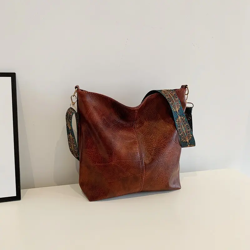 Retro Brown Leather Shoulder Bag with Wide Strap - Image 6