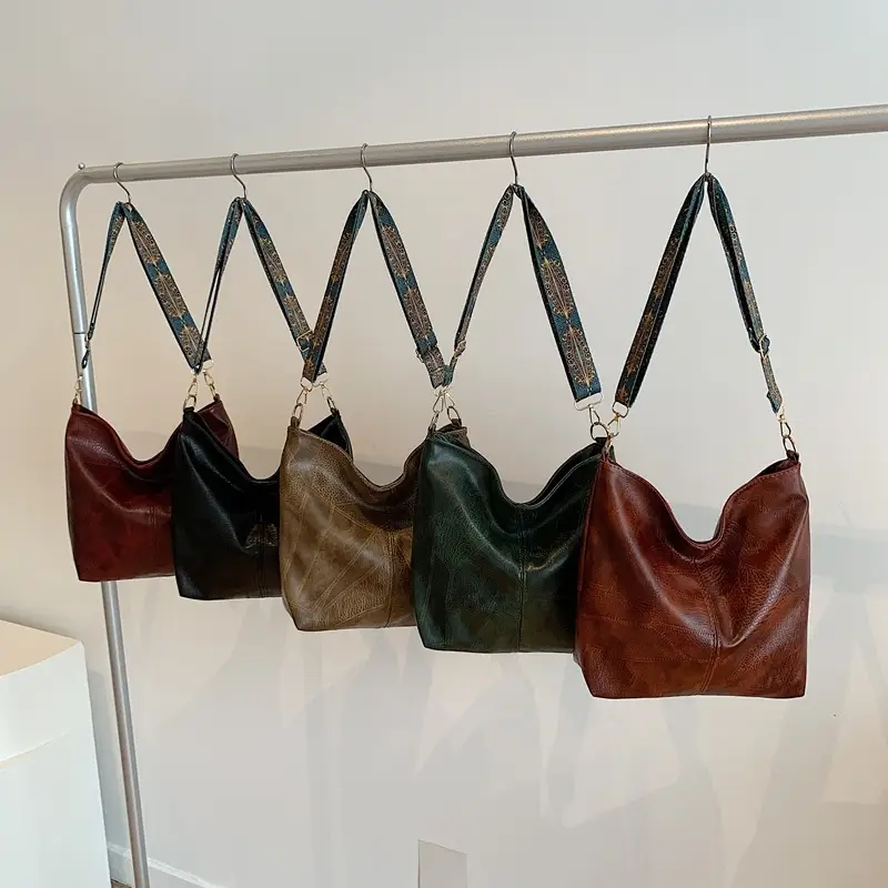 Retro Brown Leather Shoulder Bag with Wide Strap - Image 9