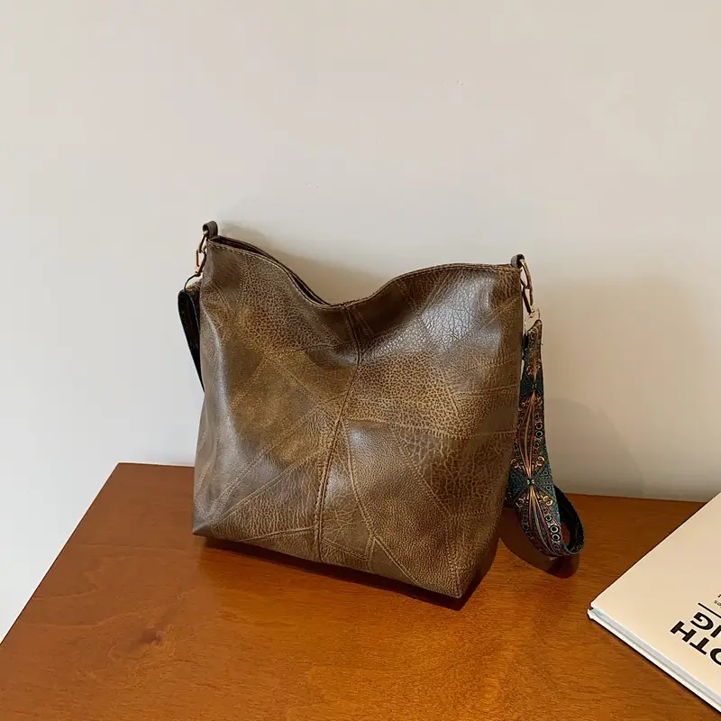 Retro Brown Leather Shoulder Bag with Wide Strap - Image 2