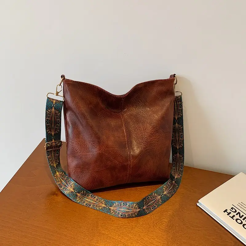 Retro Brown Leather Shoulder Bag with Wide Strap - Image 5
