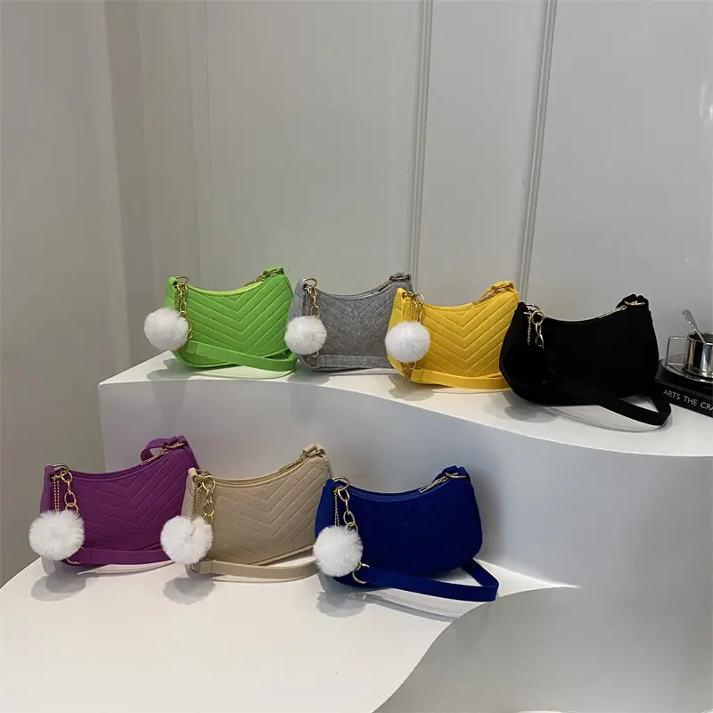Rhomboid Shoulder Bag Grey Gold Pom Pom - Image 17