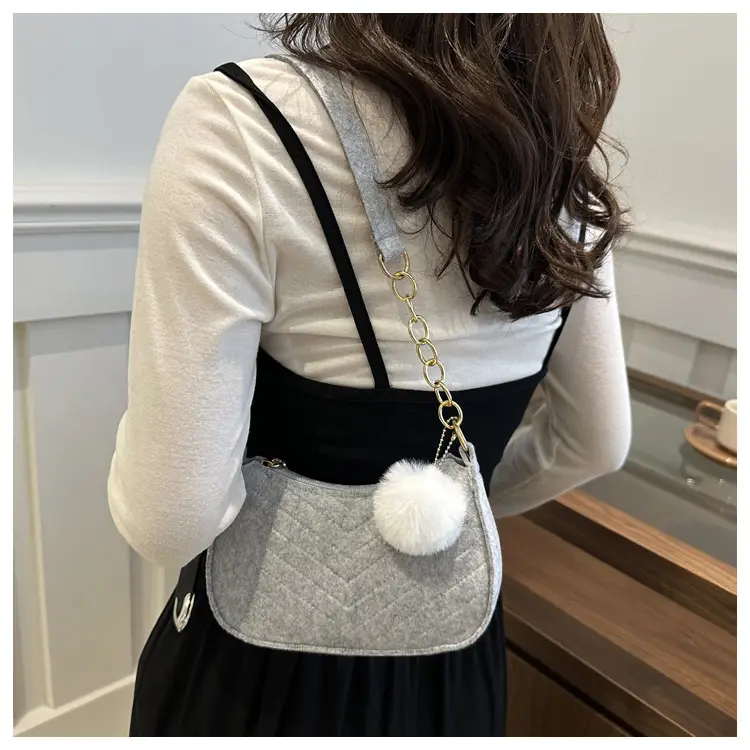 Rhomboid Shoulder Bag Grey Gold Pom Pom — feature 20