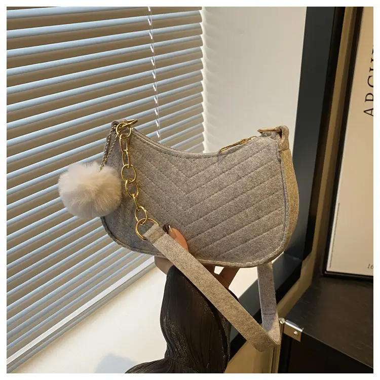 Rhomboid Shoulder Bag Grey Gold Pom Pom — feature 27