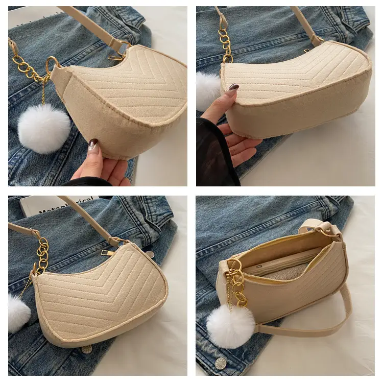 Rhomboid Shoulder Bag Grey Gold Pom Pom — feature 9