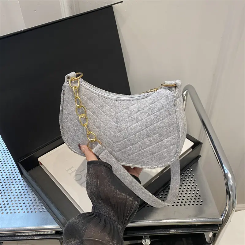 Rhomboid Shoulder Bag Grey Gold Pom Pom - Image 11