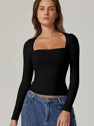 Cross-Border European and American Style Square-Neck Shirt, Autumn Long-Sleeve Pullover Slim-Fit Milk Silk T-Shirt, Elegant and Graceful