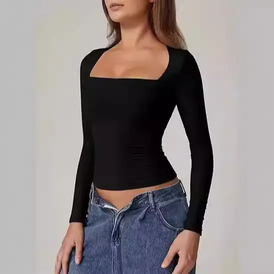 Cross-Border European and American Style Square-Neck Shirt, Autumn Long-Sleeve Pullover Slim-Fit Milk Silk T-Shirt, Elegant and Graceful — feature 3
