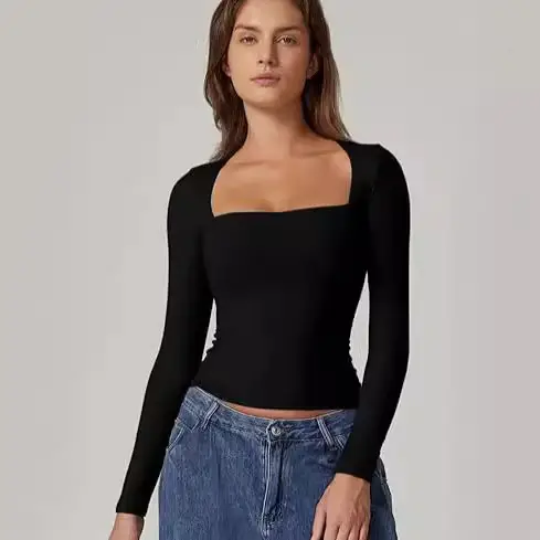 Cross-Border European and American Style Square-Neck Shirt, Autumn Long-Sleeve Pullover Slim-Fit Milk Silk T-Shirt, Elegant and Graceful — feature 5