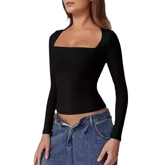Cross-Border European and American Style Square-Neck Shirt, Autumn Long-Sleeve Pullover Slim-Fit Milk Silk T-Shirt, Elegant and Graceful — feature 6