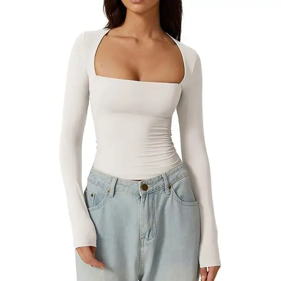 Cross-Border European and American Style Square-Neck Shirt, Autumn Long-Sleeve Pullover Slim-Fit Milk Silk T-Shirt, Elegant and Graceful