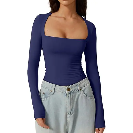 Cross-Border European and American Style Square-Neck Shirt, Autumn Long-Sleeve Pullover Slim-Fit Milk Silk T-Shirt, Elegant and Graceful