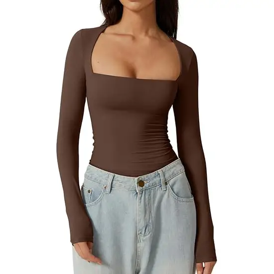 Cross-Border European and American Style Square-Neck Shirt, Autumn Long-Sleeve Pullover Slim-Fit Milk Silk T-Shirt, Elegant and Graceful